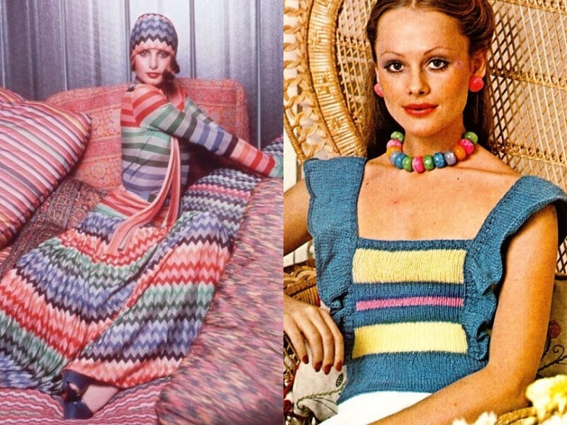 una modella di missoni e il dettaglio di un top in maglia