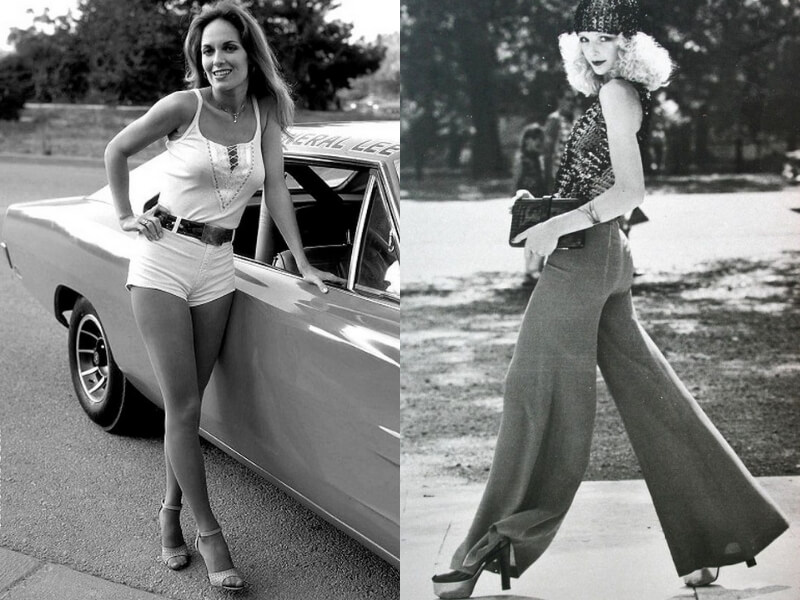 due modelle con hot pant e pantaloni a zampa negli anni 70