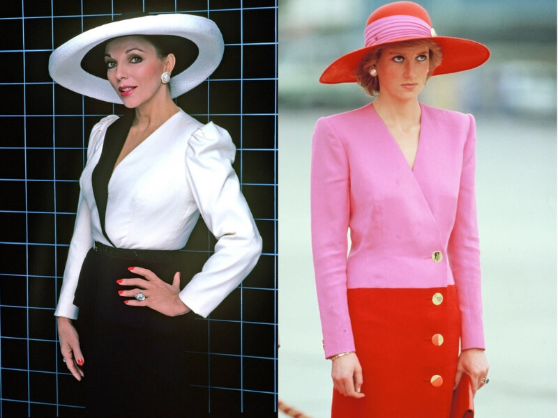 joan collins e la principessa diana con due cappelli a tesa larga negli anni '80
