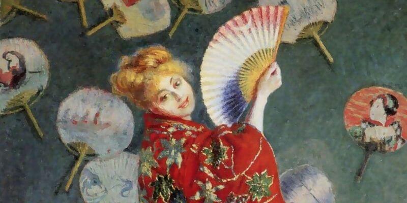 quadro di Monet che rappresenta la moglie del pittore con un kimono e un ventaglio in mano