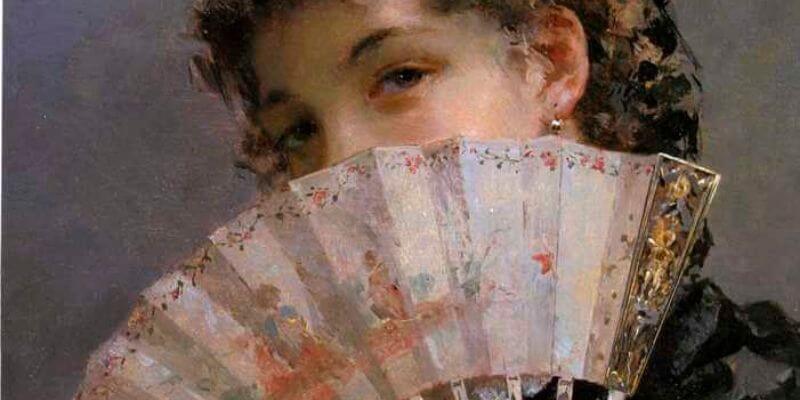 una ragazza nasconde il viso dietro a un ventaglio in un quadro ottocentesco
